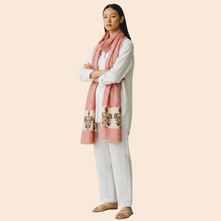 Indus Weavers Rubina pure Pashmina shawl in red with floral Kashmiri embroidery on ivory panels. Lightweight and soft.
