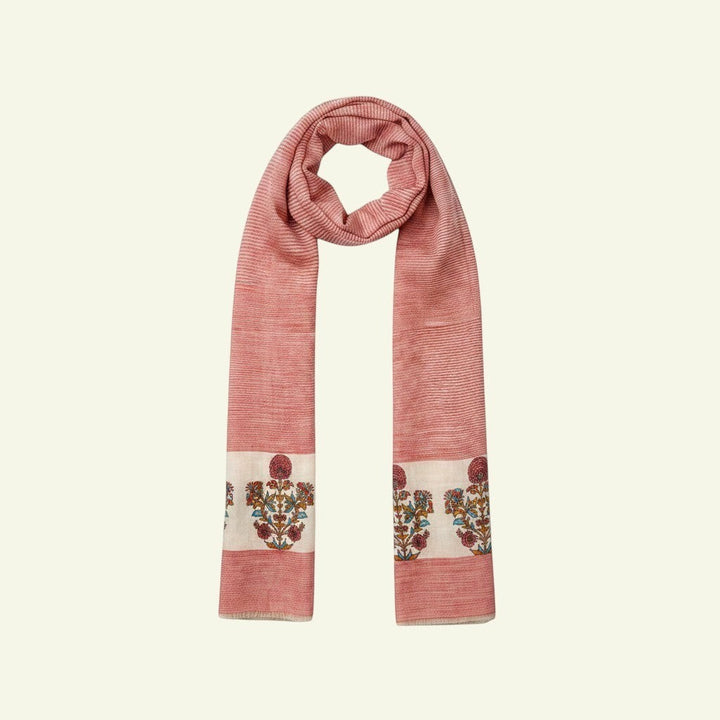 Indus Weavers Rubina pure pashmina shawl in red with floral Kashmiri embroidery on ivory panels. Lightweight and soft.