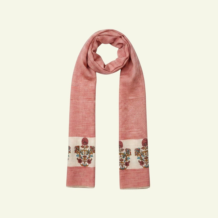 Indus Weavers Rubina pure pashmina shawl in red with floral Kashmiri embroidery on ivory panels. Lightweight and soft.