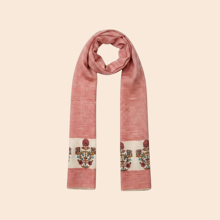 Indus Weavers Rubina pure pashmina shawl in red with floral Kashmiri embroidery on ivory panels. Lightweight and soft.