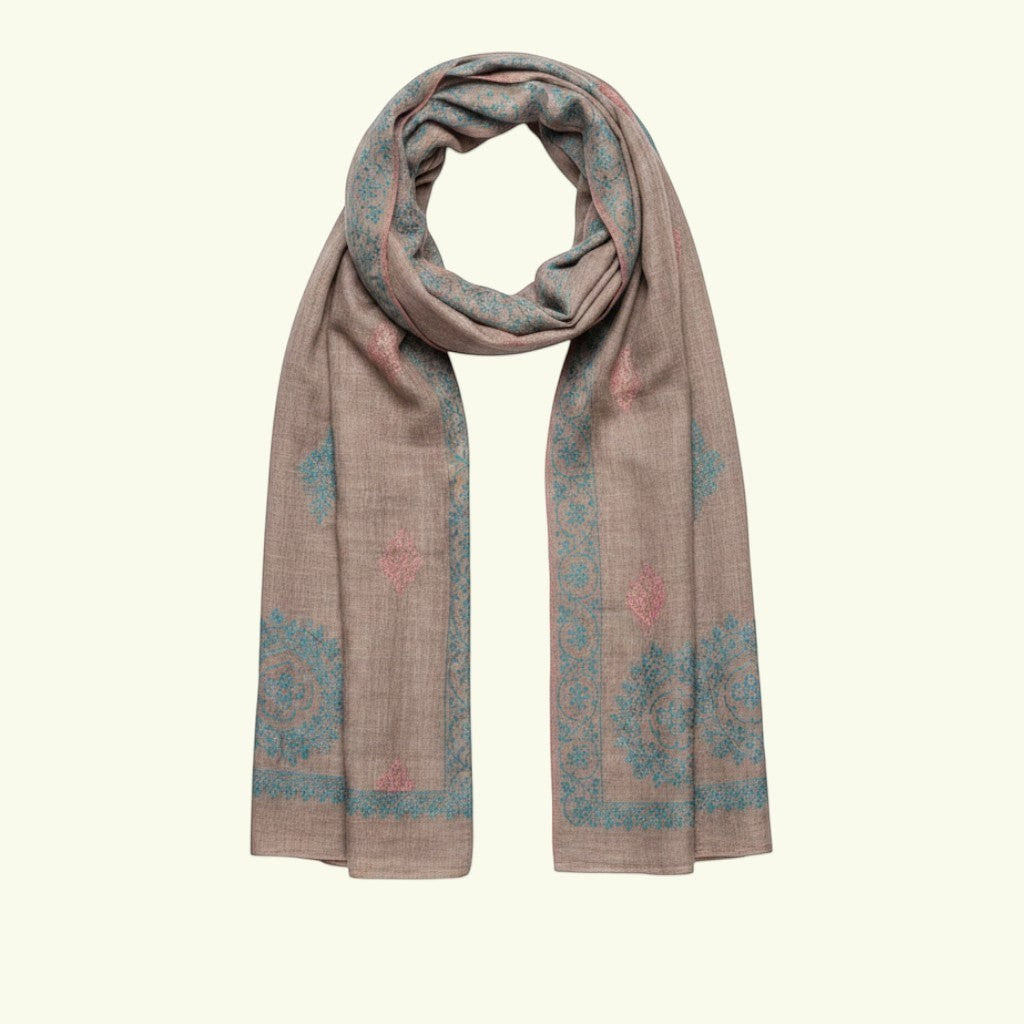 Indus Weavers taupe pure Pashmina shawl with Sozni floral embroidery in pink and blue. Handwoven cashmere wrap.