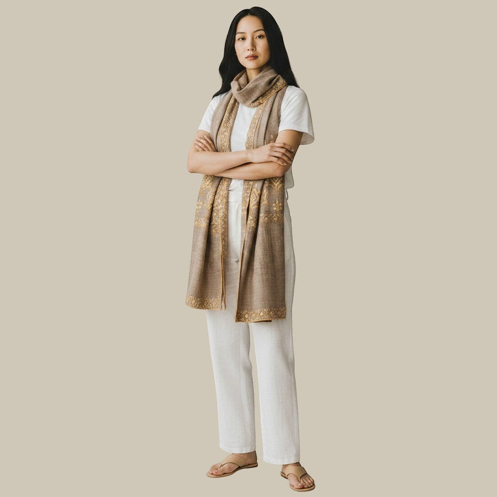SANA Handwoven Pashmina Shawl – Close-Up of Hand-Embroidered Floral Corner Detail on Natural Taupe Cashmere | Indus Weavers