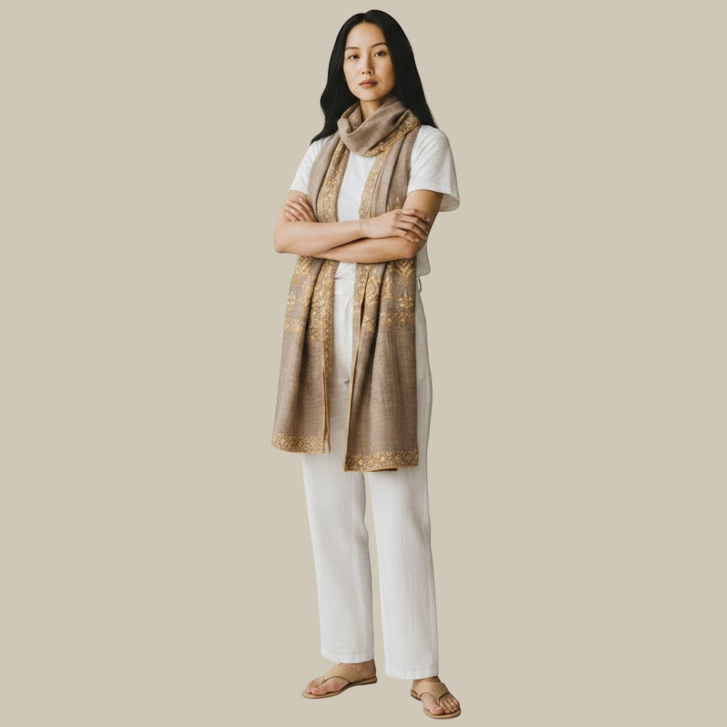 SANA Handwoven Pashmina Shawl – Close-Up of Hand-Embroidered Floral Corner Detail on Natural Taupe Cashmere | Indus Weavers