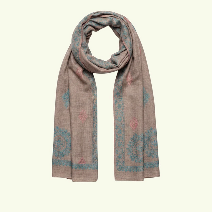 Indus Weavers taupe pure Pashmina shawl with Sozni floral embroidery in pink and blue. Handwoven cashmere wrap.