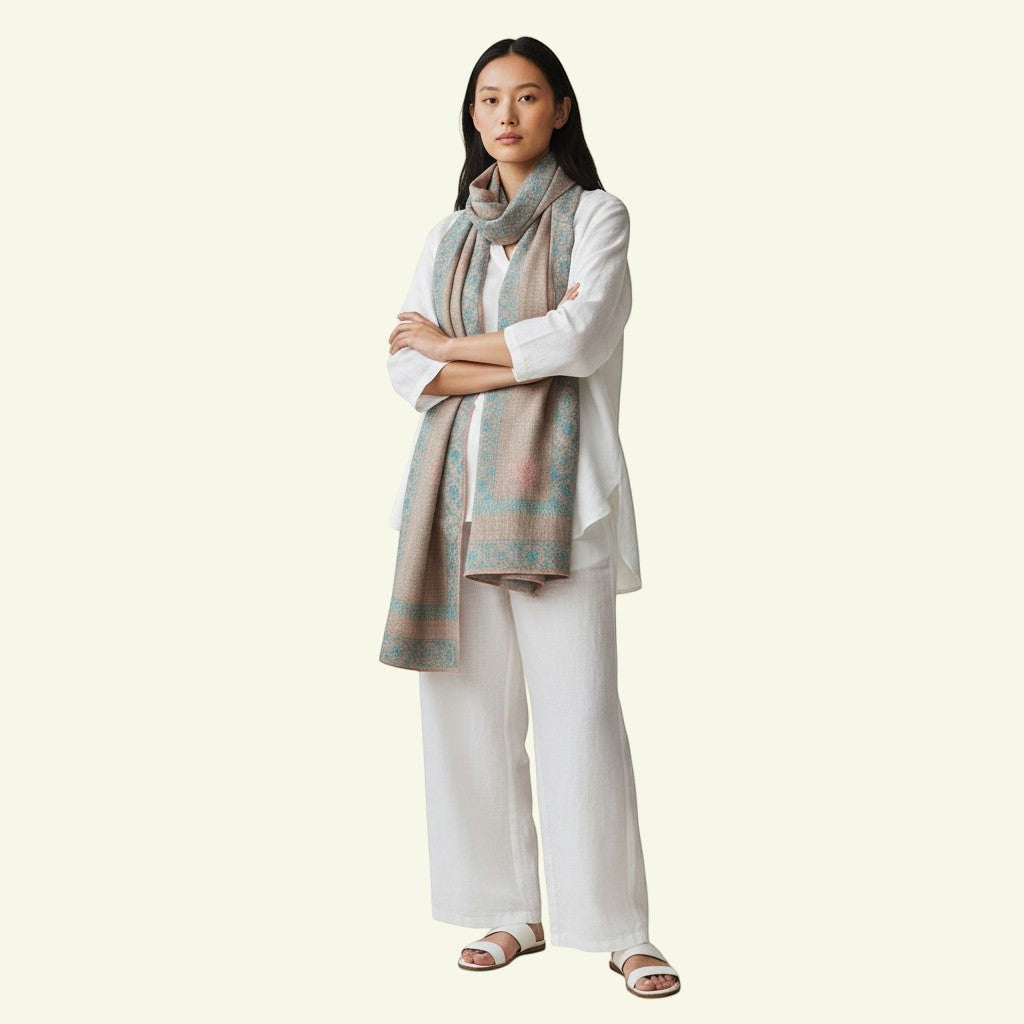 BLISS Sozni Embroidered Pashmina – Close-Up of Pink & Blue Floral Sozni Corner Embroidery on Natural Taupe Cashmere | Indus Weavers
