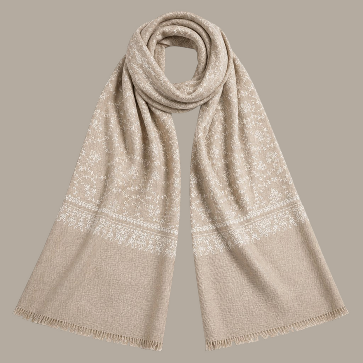ELARA | Taupe Pashmina Shawl with Sozni Embroidery