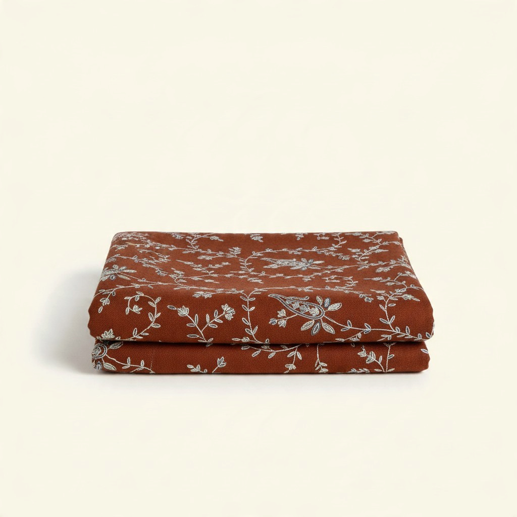 Indus Weavers TERRA pashmina shawl in earthy brown with intricate ivory, blue, and sage floral Sozni embroidery.