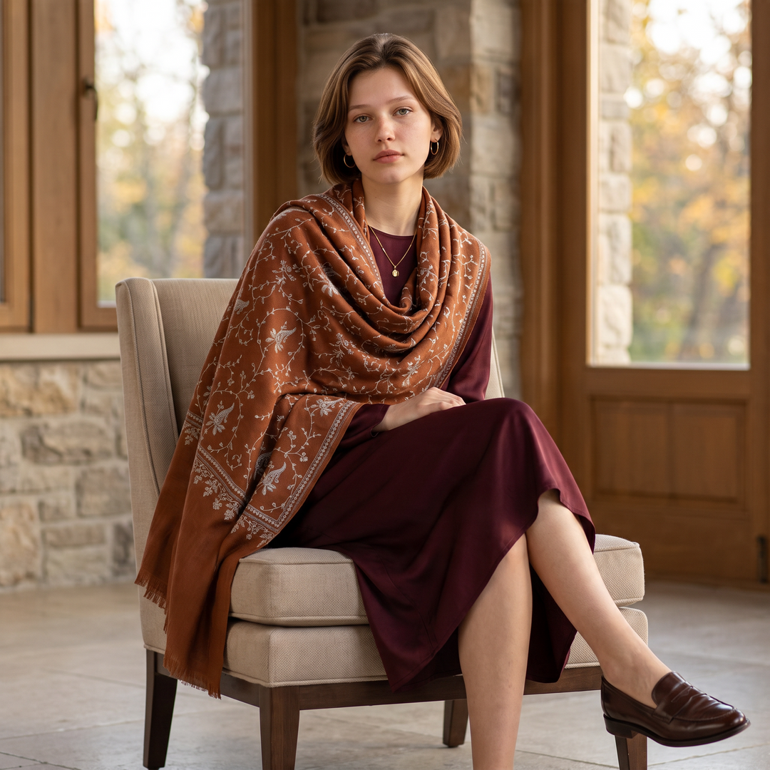 Indus Weavers TERRA pashmina shawl in brown with ivory, blue, and sage floral Sozni embroidery draped over a woman.