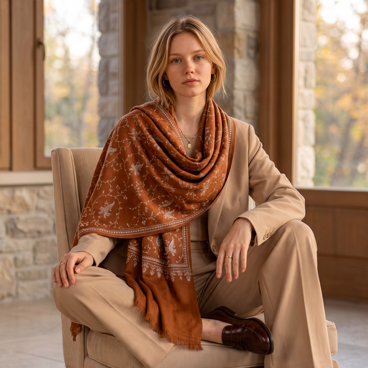 Indus Weavers TERRA pashmina shawl in brown with ivory floral Sozni embroidery worn by a woman in a beige suit