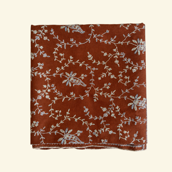 Indus Weavers TERRA pashmina shawl in earthy brown with intricate ivory, blue, and sage floral Sozni embroidery.