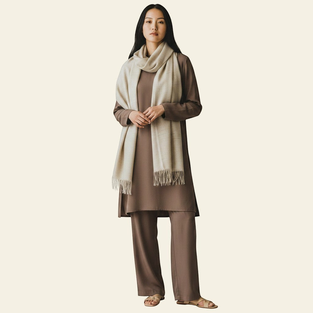 Indus Weavers natural undyed ivory pure Ladakhi pashmina cashmere shawl. Handwoven, soft, lightweight wrap.
