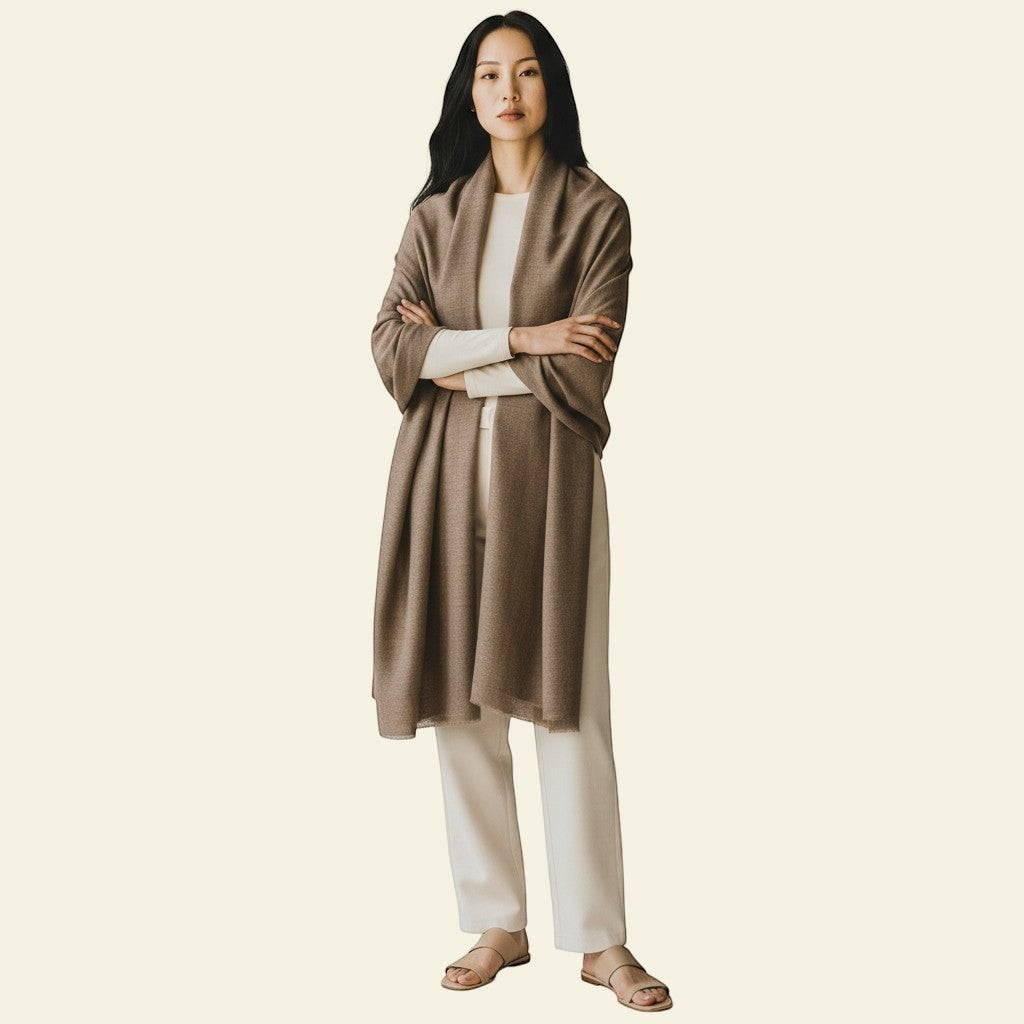 Indus Weavers natural undyed cashmere shawl in a rich toosh brown hue, handwoven from pure Ladakhi pashmina wool.