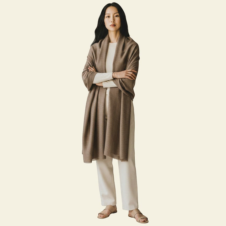 Indus Weavers natural undyed cashmere shawl in a rich toosh brown hue, handwoven from pure Ladakhi pashmina wool.