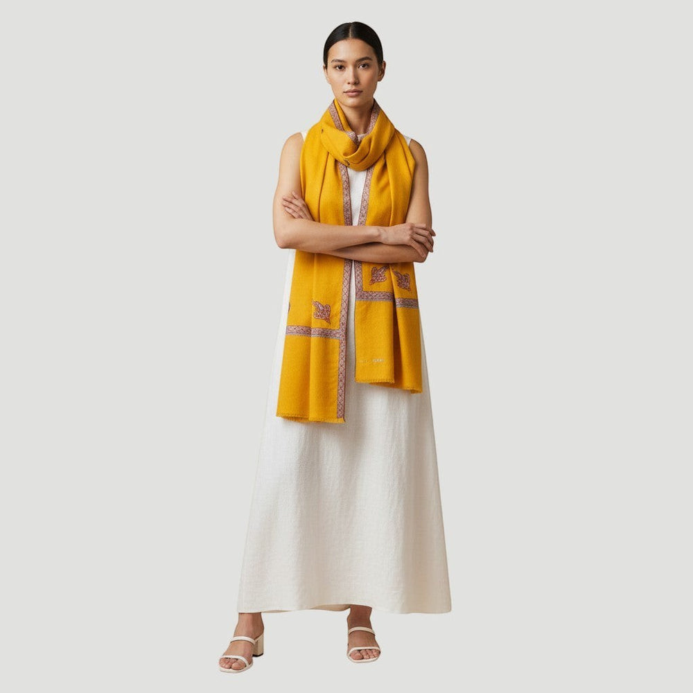 PILA Pure Pashmina Shawl – Close-Up of Red & Green Sozni Embroidery on Border & Corner of Yellow Cashmere | Indus Weavers