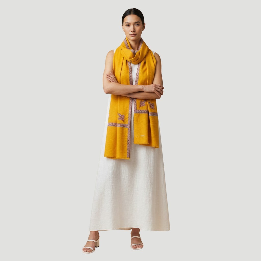 PILA Pure Pashmina Shawl – Close-Up of Red & Green Sozni Embroidery on Border & Corner of Yellow Cashmere | Indus Weavers