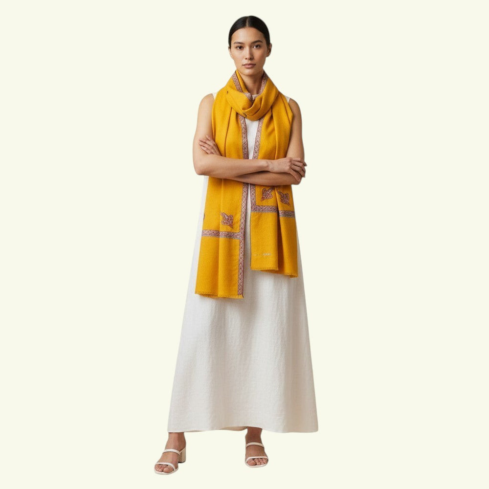PILA Pure Pashmina Shawl – Close-Up of Red & Green Sozni Embroidery on Border & Corner of Yellow Cashmere | Indus Weavers