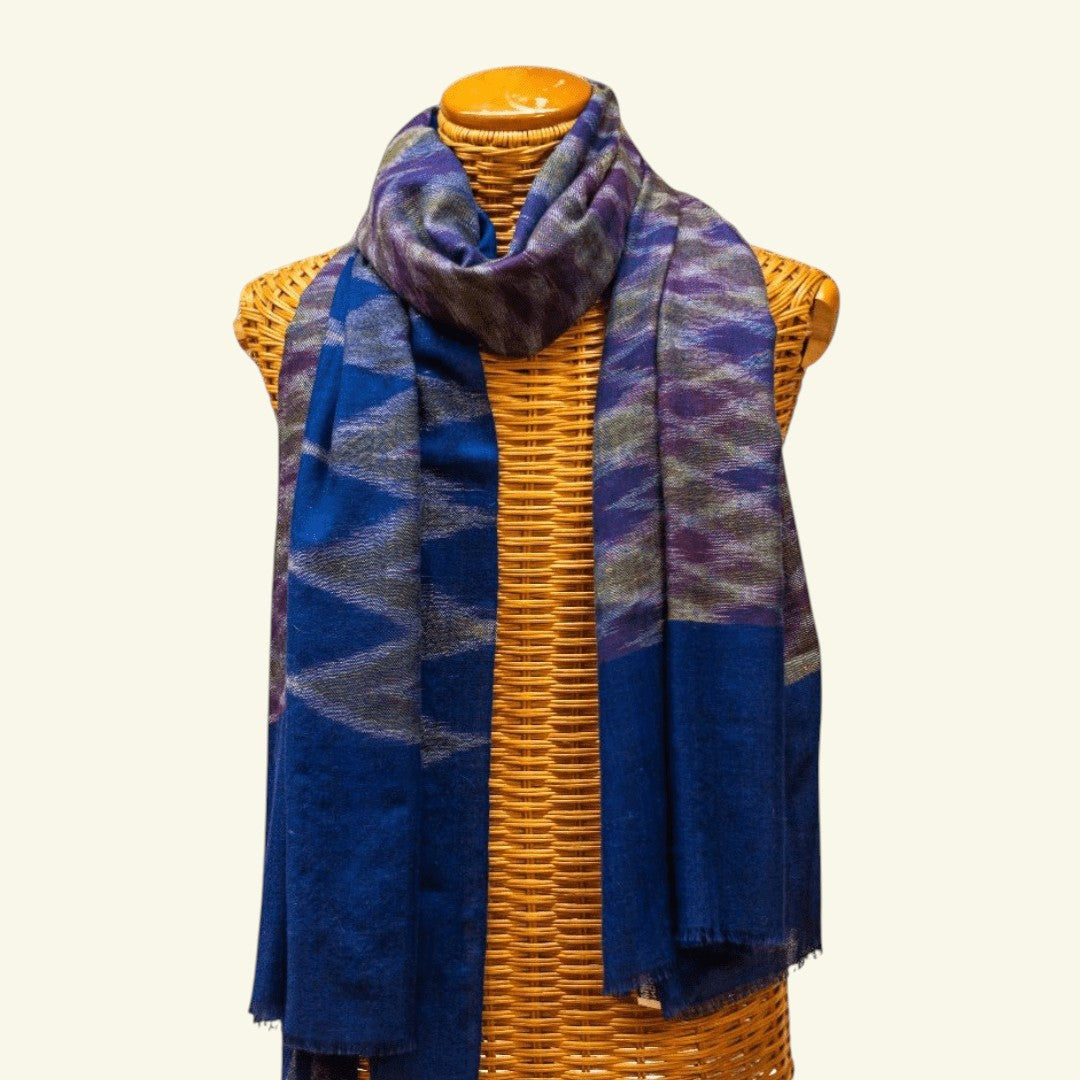 IRIS Ikat Pashmina Shawl – Full View Handwoven Blue Cashmere Wrap with Ikat Shaded Transitions | Indus Weavers