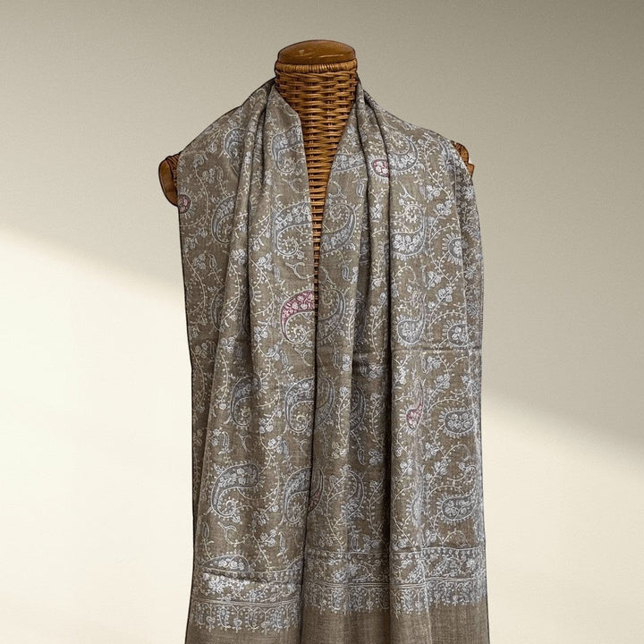 JALORA Pure Pashmina Shawl – Draped Lifestyle View Showing Semi-Jamawar Sozni Embroidery Pattern | Indus Weavers