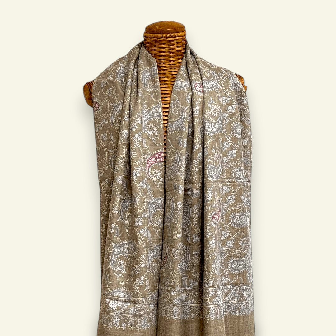 JALORA Pure Pashmina Shawl – Draped Lifestyle View Showing Semi-Jamawar Sozni Embroidery Pattern | Indus Weavers