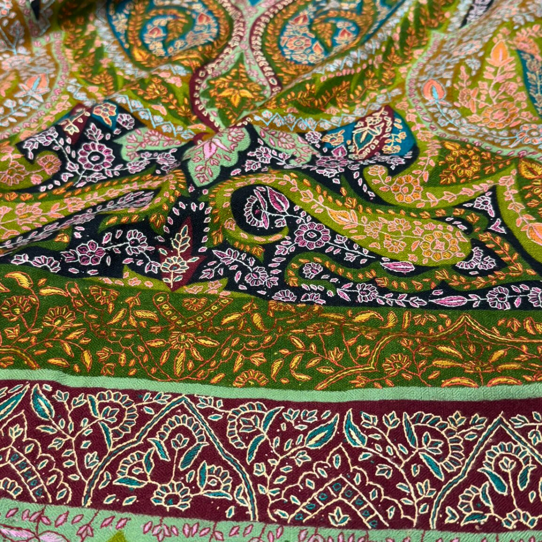 Kalamkari Pashmina Shawl FLORIANA with Sozni Embroidery - Indus Weavers