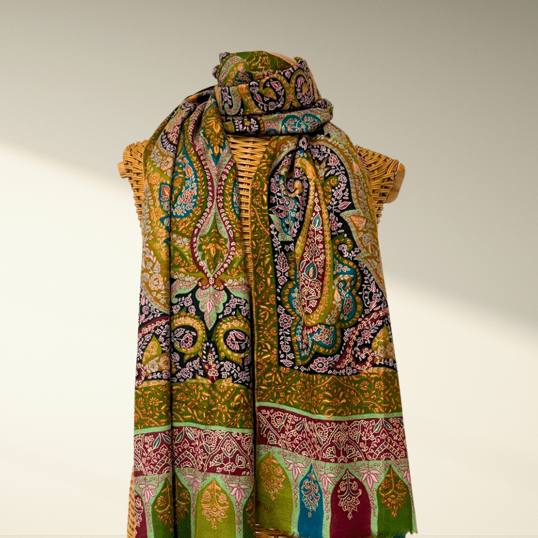 Kalamkari Pashmina Shawl FLORIANA with Sozni Embroidery - Indus Weavers