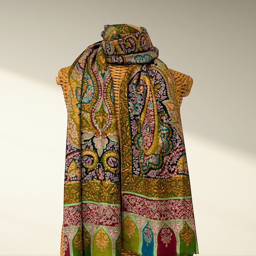 Kalamkari Pashmina Shawl FLORIANA with Sozni Embroidery - Indus Weavers
