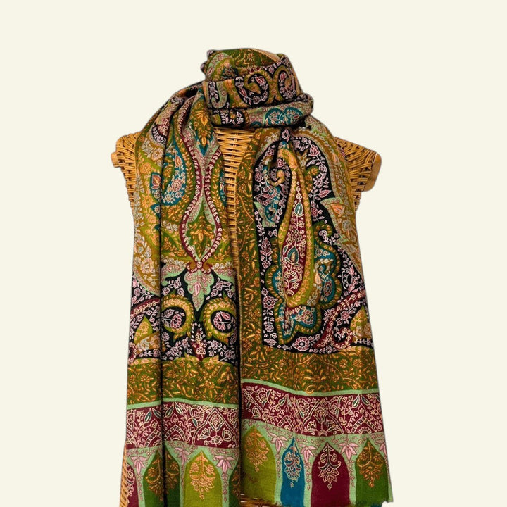 Kalamkari Pashmina Shawl FLORIANA with Sozni Embroidery - Indus Weavers