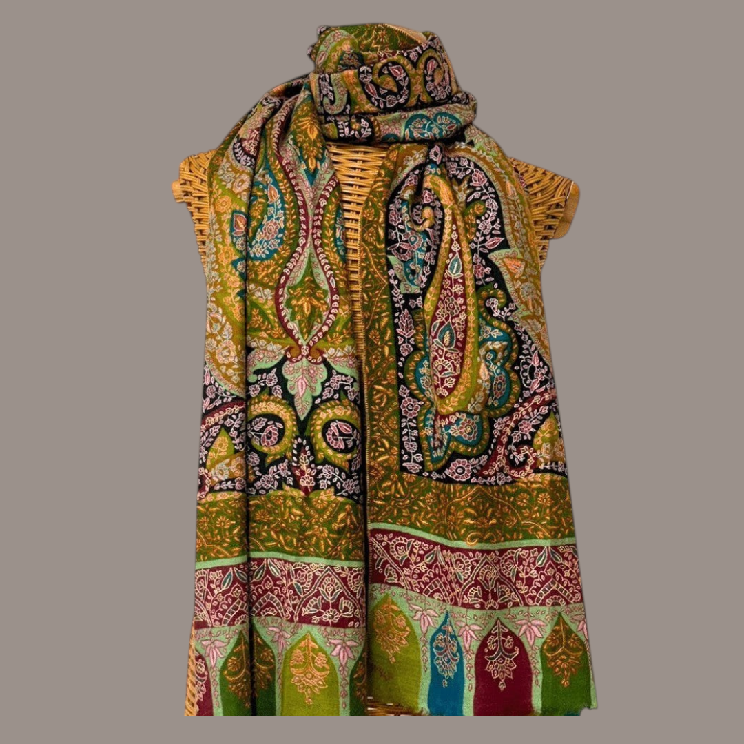 Kalamkari Pashmina Shawl FLORIANA with Sozni Embroidery - Indus Weavers