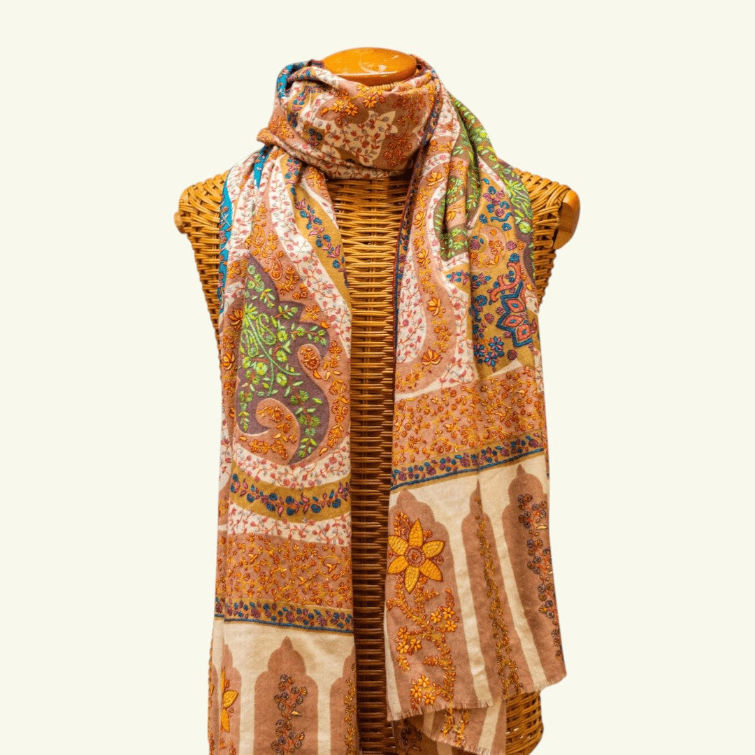 REINA Kashmiri Jamawar Pashmina Shawl – Full View Multicolour Hand-Painted Kalamkari Cashmere Heirloom Wrap | Indus Weavers
