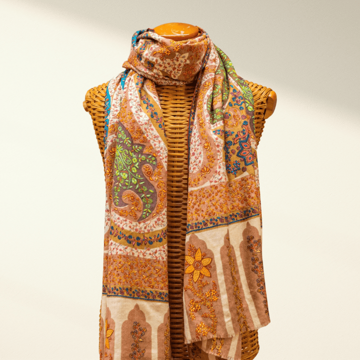 Kalamkari Pashmina Shawl REINA Jamawar Handcrafted Luxury Wrap - Indus Weavers