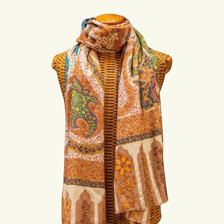 REINA Kashmiri Jamawar Pashmina Shawl – Full View Multicolour Hand-Painted Kalamkari Cashmere Heirloom Wrap | Indus Weavers