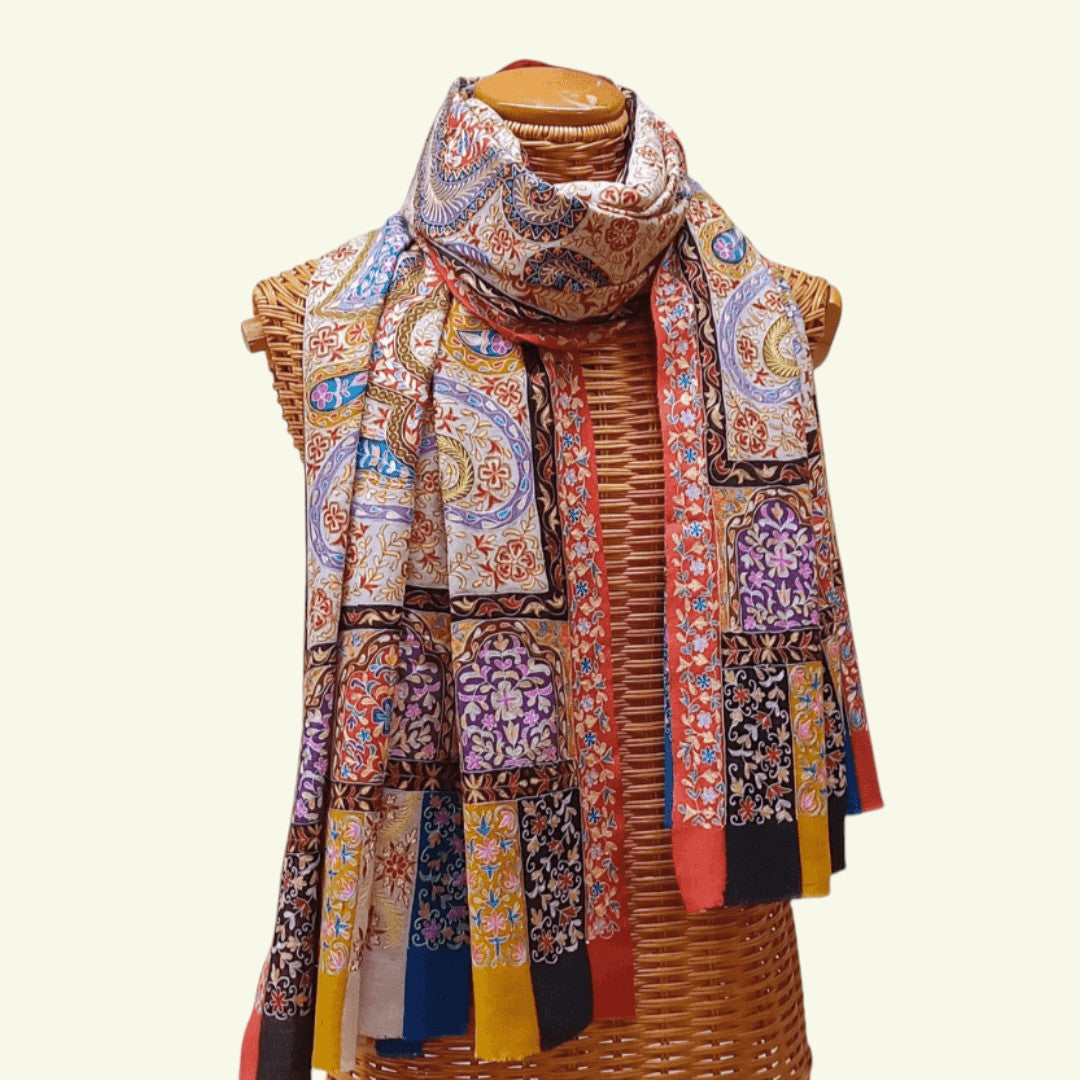 MONALISA Kashmiri Kalamkari Pashmina Shawl – Full View Cream Base with Brown Red & Blue Hand-Painted Floral Heritage Motifs | Indus Weavers