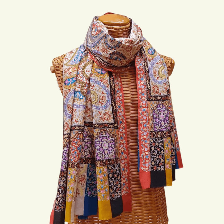 MONALISA Kashmiri Kalamkari Pashmina Shawl – Full View Cream Base with Brown Red & Blue Hand-Painted Floral Heritage Motifs | Indus Weavers