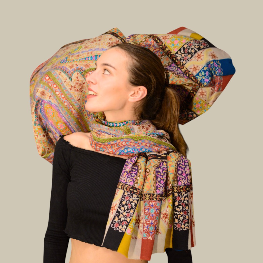MONALISA Heirloom Cashmere Wrap – Flat Lay Showing Full 200x100cm Kalamkari Pashmina Shawl Crafted over 24 Months | Indus Weavers