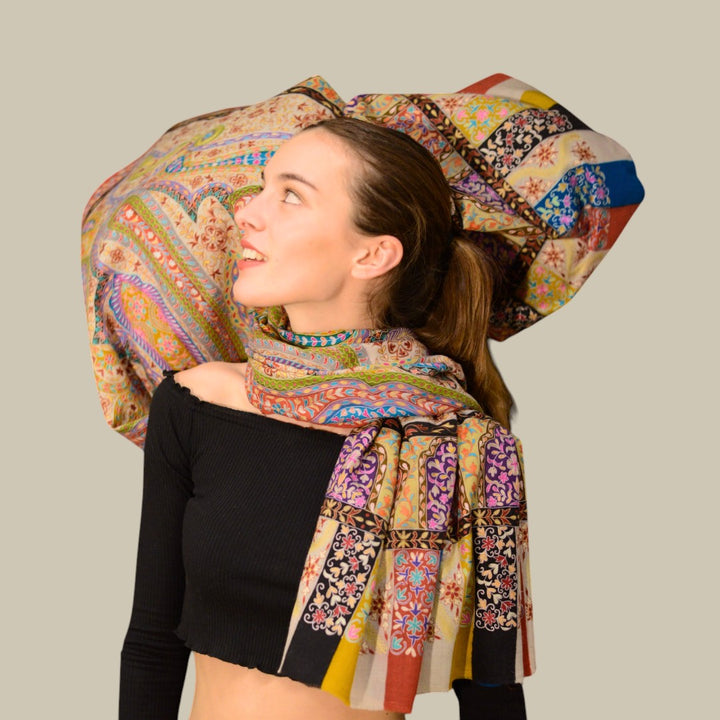 MONALISA Heirloom Cashmere Wrap – Flat Lay Showing Full 200x100cm Kalamkari Pashmina Shawl Crafted over 24 Months | Indus Weavers