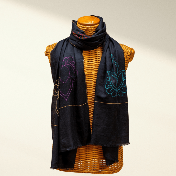 KAMAL – Indigo Pashmina Scarf | Hand - Embroidered Lotus Cashmere Wrap - Indus Weavers