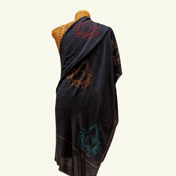 KAMAL Pure Pashmina Scarf – Draped View Showing Indigo Cashmere with Vibrant Hand-Embroidered Lotus Motifs | Indus Weavers