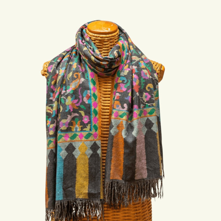 KARINA Kani Pashmina Shawl – Full View Greyish Black Handwoven Cashmere Wrap | Indus Weavers