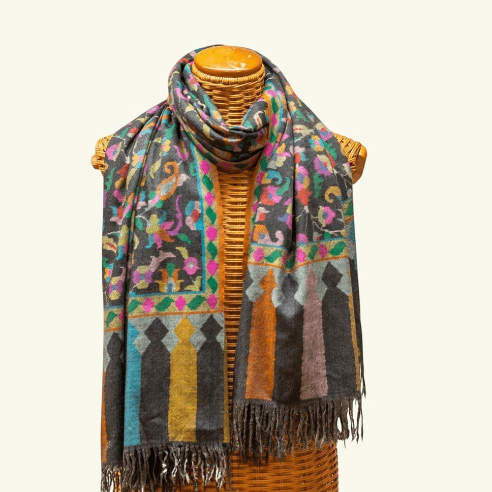 KARINA Kani Pashmina Shawl – Full View Greyish Black Handwoven Cashmere Wrap | Indus Weavers