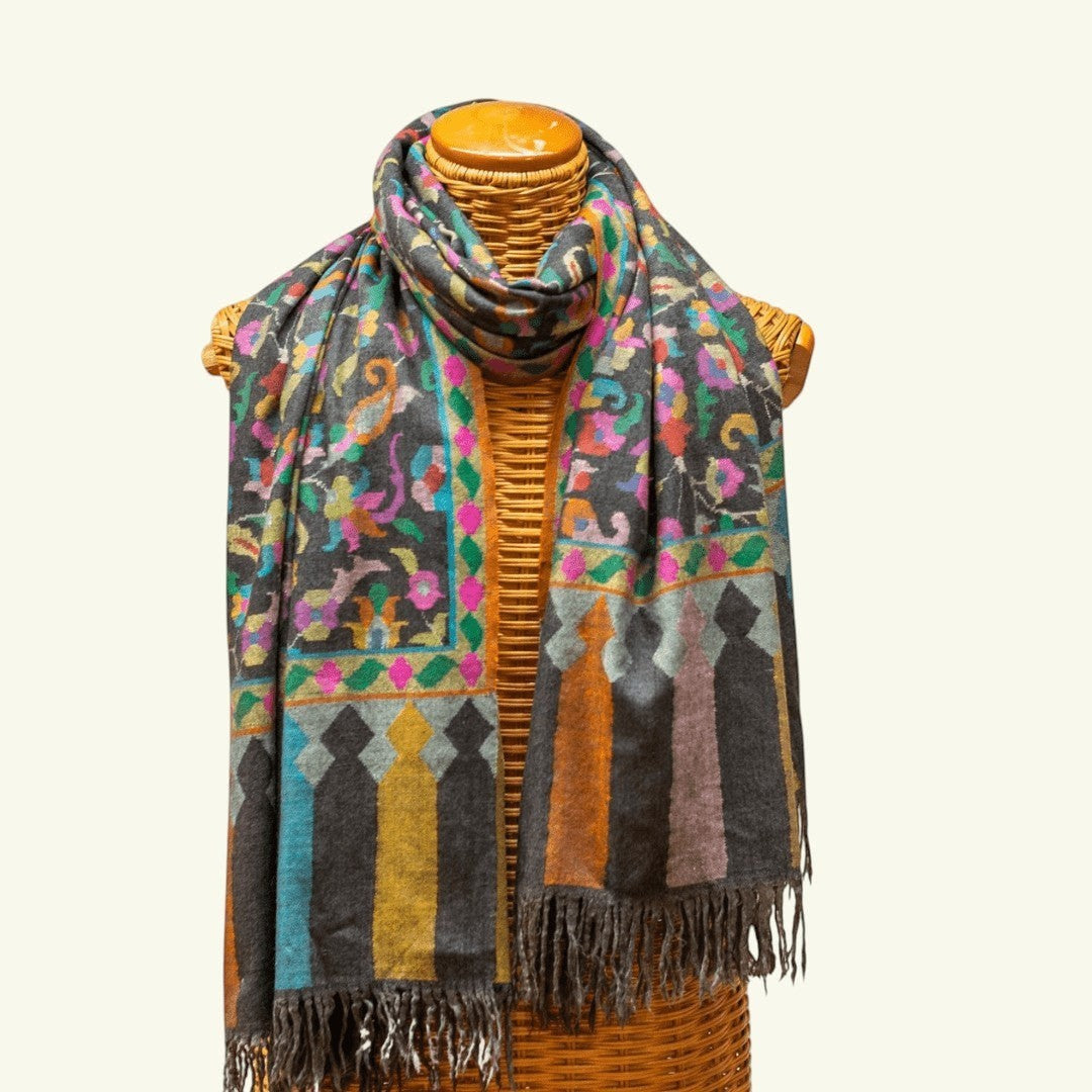 KARINA Kani Pashmina Shawl – Full View Greyish Black Handwoven Cashmere Wrap | Indus Weavers