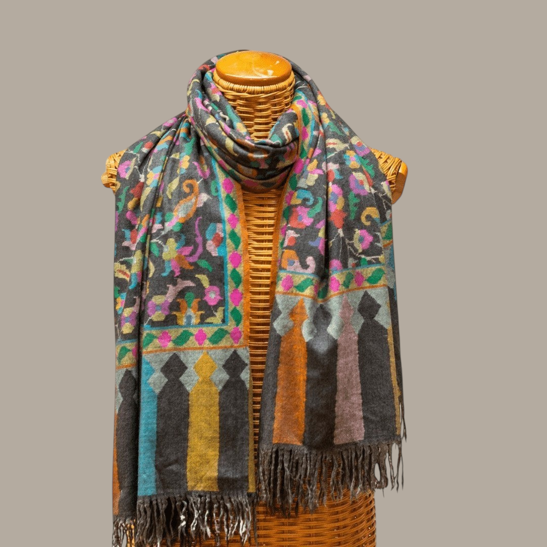 KARINA Kani Pashmina Shawl – Full View Greyish Black Handwoven Cashmere Wrap | Indus Weavers