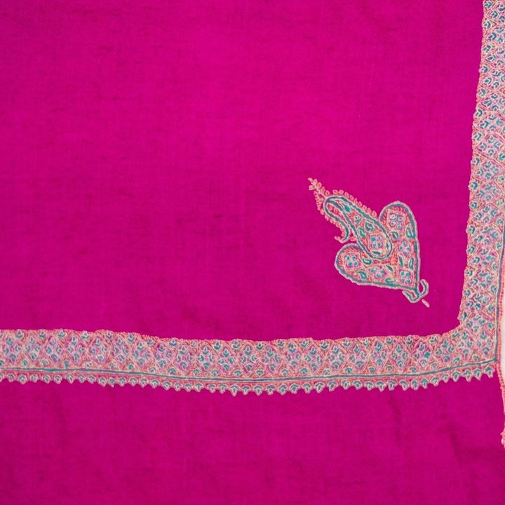 ROZY Pure Kashmiri Pashmina – Side View of Vibrant Magenta Pink Hashidaar Embroidered Shawl for Wedding & Everyday Wear | Indus Weavers