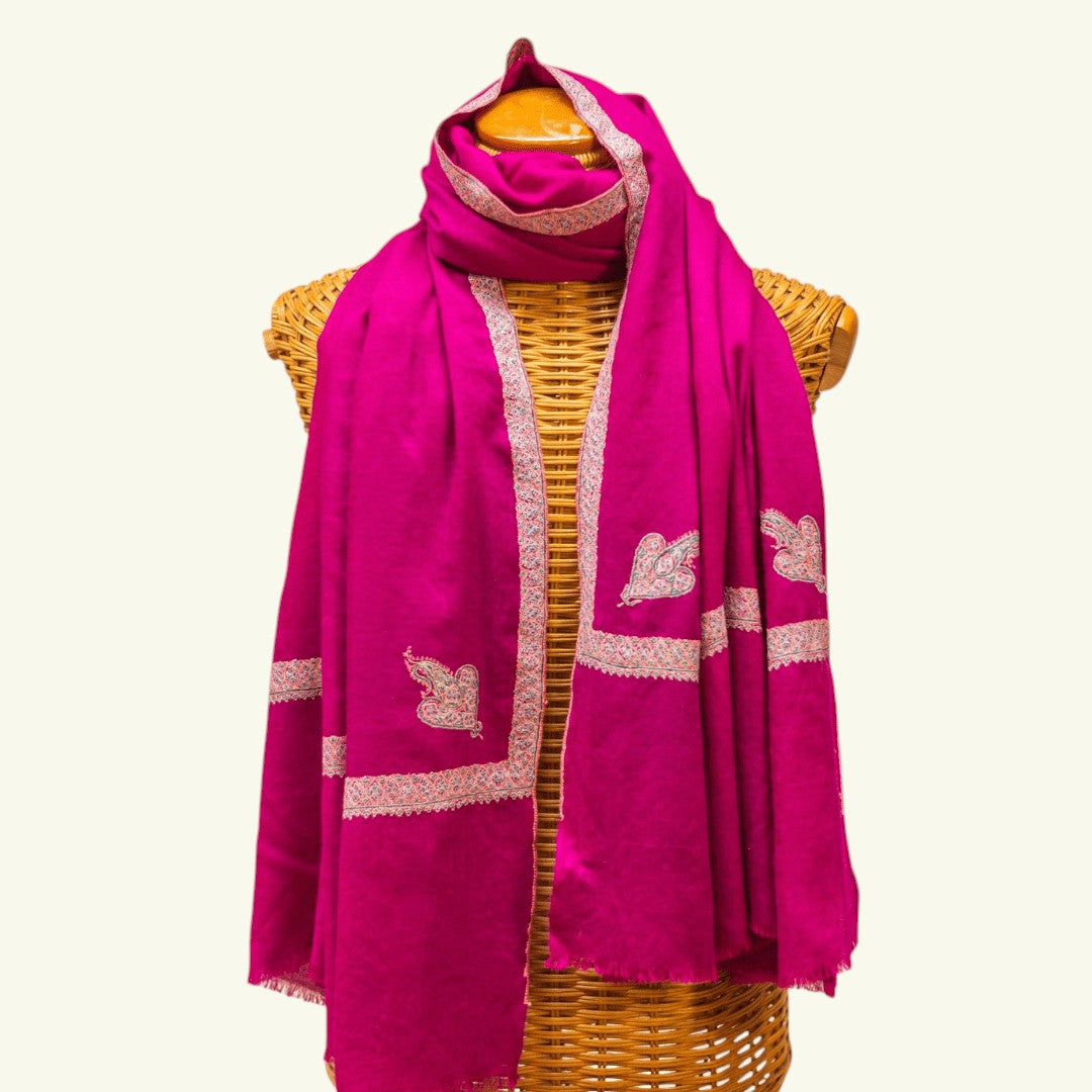 ROZY Kashmiri Pashmina Shawl – Full View Hot Magenta Pink Cashmere Wrap with Hashidaar Hand-Embroidered Borders | Indus Weavers