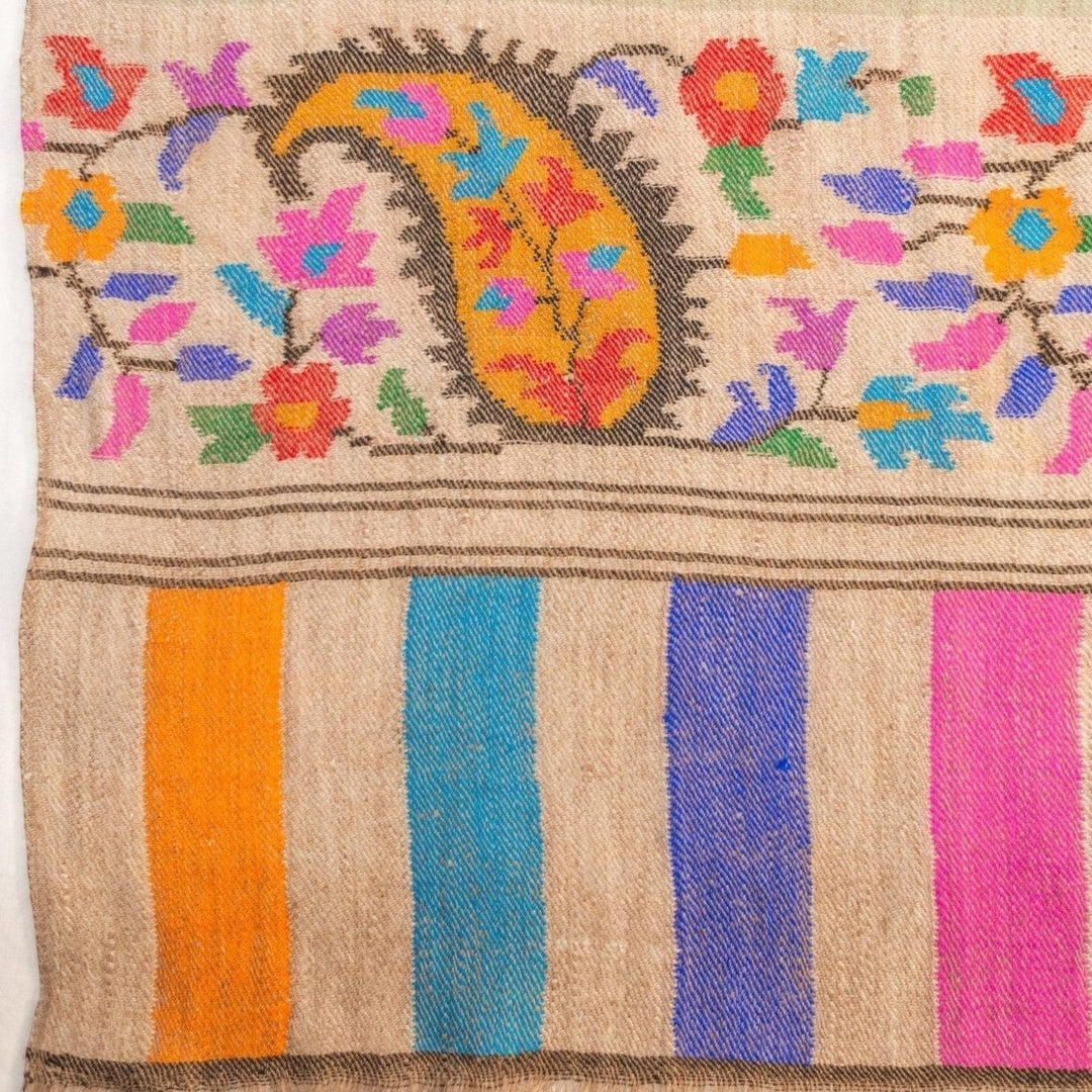KHADI Undyed Kani Pashmina Shawl – Lifestyle Shot Draped Showing Striped Border & Paisley Kani Weave | Indus Weavers
