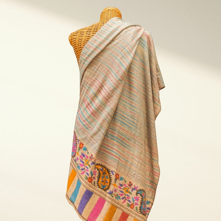 KHADI Pure Pashmina Shawl – Flat Lay Showing Full 102x209cm Undyed Cashmere with Multicolour Kani Paisley | Indus Weavers