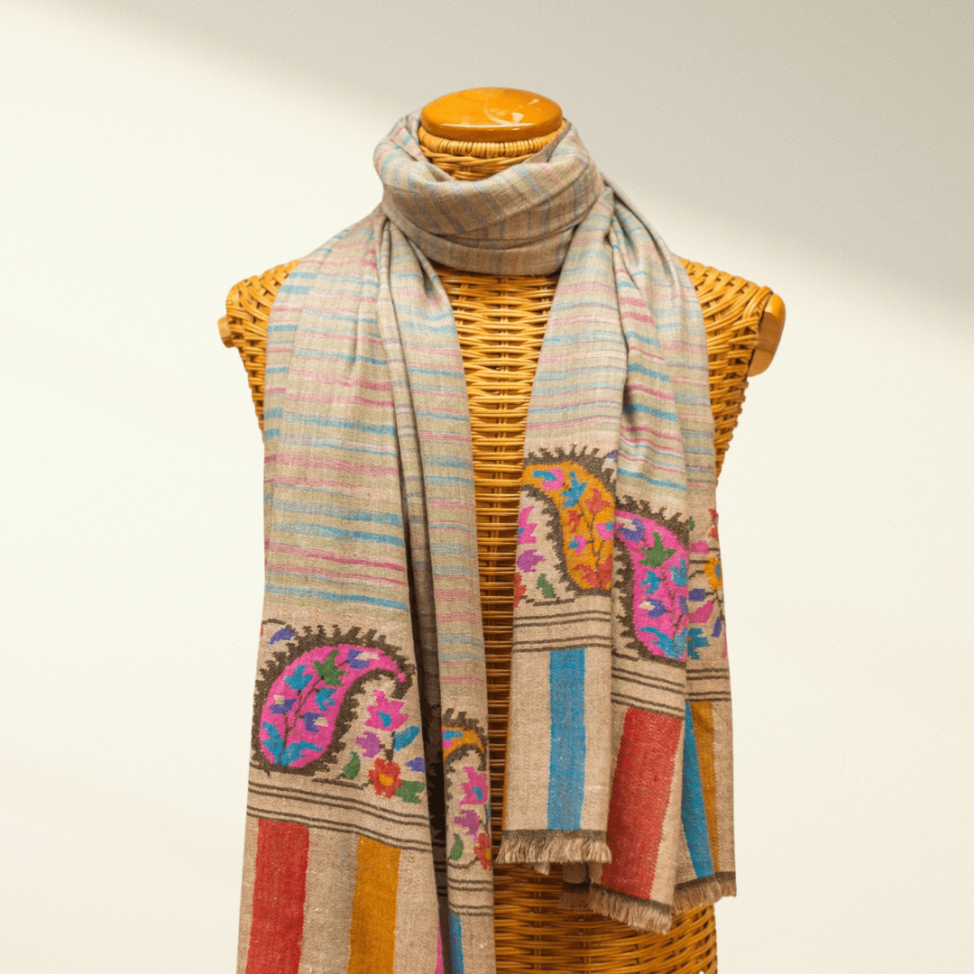 KHADI – Handwoven Kani Pashmina Shawl | Undyed Cashmere Wrap with Multicolour Paisley - Indus Weavers