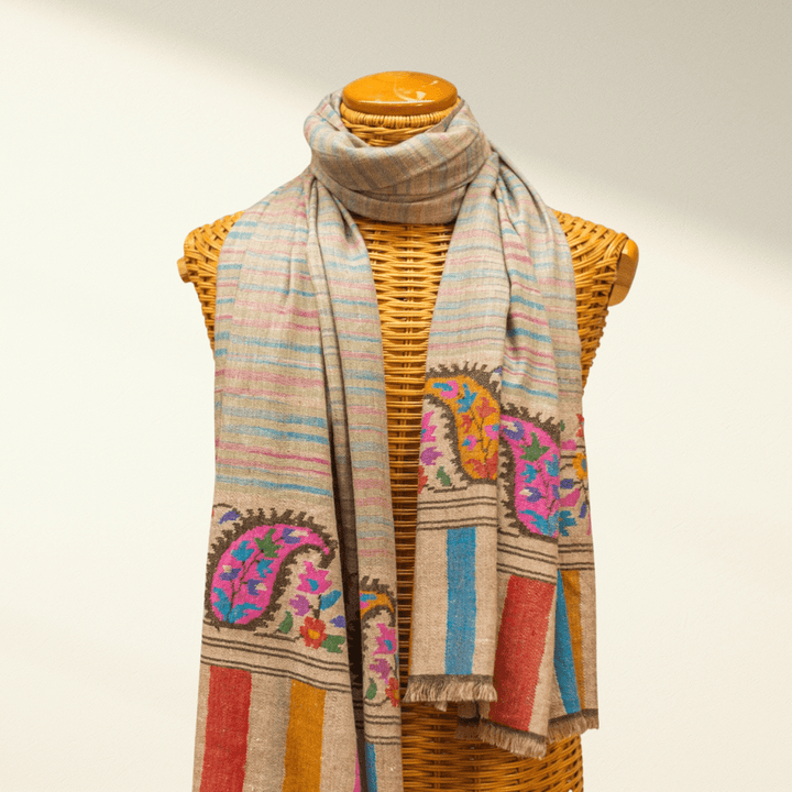 KHADI – Handwoven Kani Pashmina Shawl | Undyed Cashmere Wrap with Multicolour Paisley - Indus Weavers