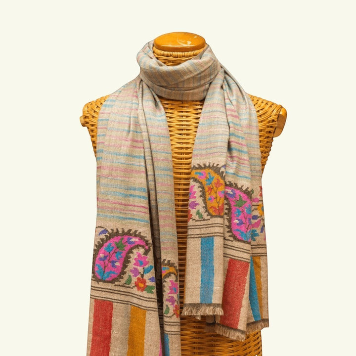 KHADI Kashmiri Kani Pashmina Shawl – Full View Natural Undyed Cashmere Wrap with Multicolour Paisley Weave | Indus Weavers