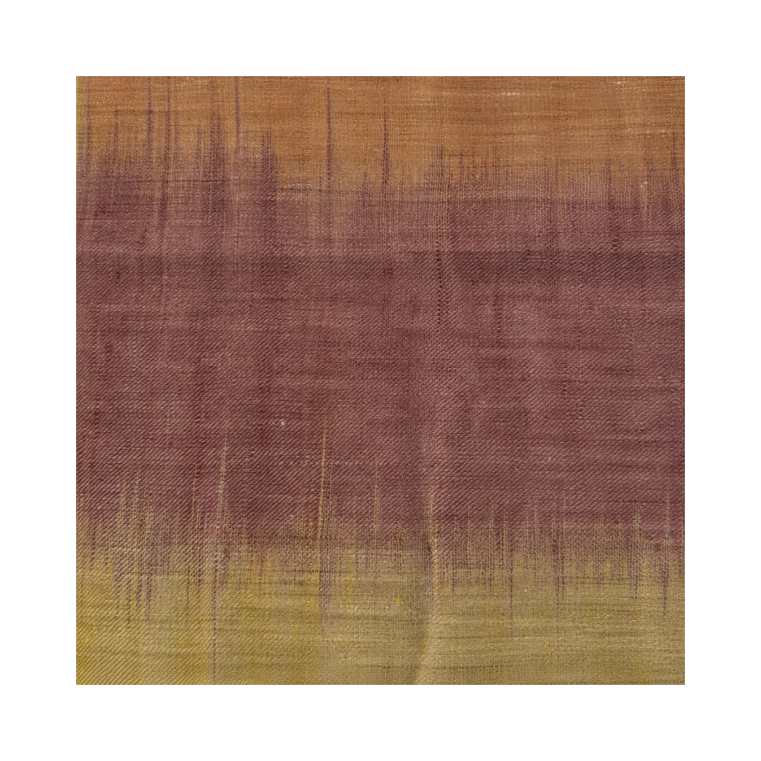 An abstract square pashmina fabric swatch with a woven texture, featuring horizontal color bands in warm brown, muted mauve-brown, and mustard yellow, centered on a white background.