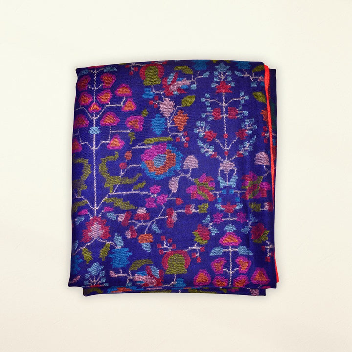 KAIA Pure Pashmina Shawl – Mughal-Inspired Botanical Motifs on Blue Kani Weave | Indus Weavers